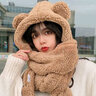 笙格儿 帽子女冬季韩版可爱小熊毛绒卡通帽子围巾手套三件套防风防寒一体套装学生保暖生日礼物圣诞节 深卡其-帽子围巾手套 实拍图