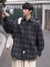 磨毛长袖衬衫格子美式重磅休闲风大码青年上衣秋冬加绒工装外套男 灰色 Z956 L 建议131-145斤 实拍图