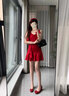 妙奕嘉红色吊带连衣裙女裙子夏天女装2025年新款纯欲辣妹法式气质短裙 复古荡领系带荷叶边红裙 S 实拍图