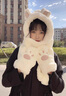 彩卡莹兔子耳朵帽子围巾女冬手套一体女秋冬季小熊三件套可爱毛绒围脖帽 兔子耳朵三件套-白色 实拍图