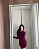 桃伊悠（taoyiyou）新款纯欲小个子包臀裙女秋冬季红色一字肩针织连衣裙修身内搭裙子 酒红色 M 实拍图