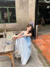 西儿法式渐变吊带连衣裙超仙度假风海边夏宽松显瘦无袖长款百褶波浪裙 渐变冰川蓝【95-120】 实拍图