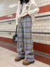 棉致毛呢格子裤子女秋冬季新款宽松阔腿高腰运动休闲卫裤加绒 687青色【不加绒高品质】 L 100-120斤 实拍图