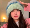 目丸加厚毛绒绒针织帽子女秋冬款防寒毛线帽保暖护耳显脸小韩版大头围 绿蓝灰拼色毛绒帽 实拍图