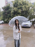 长弯柄半自动透明伞360度全景透明雨伞男女生网红直杆简约防风伞 白色直柄（1米直径）透明边 16骨 实拍图
