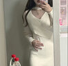 宜惜绮 针织连衣裙女秋冬款中长裙新款毛衣裙小个子内搭V领性感打底裙子 米白色 均码 实拍图