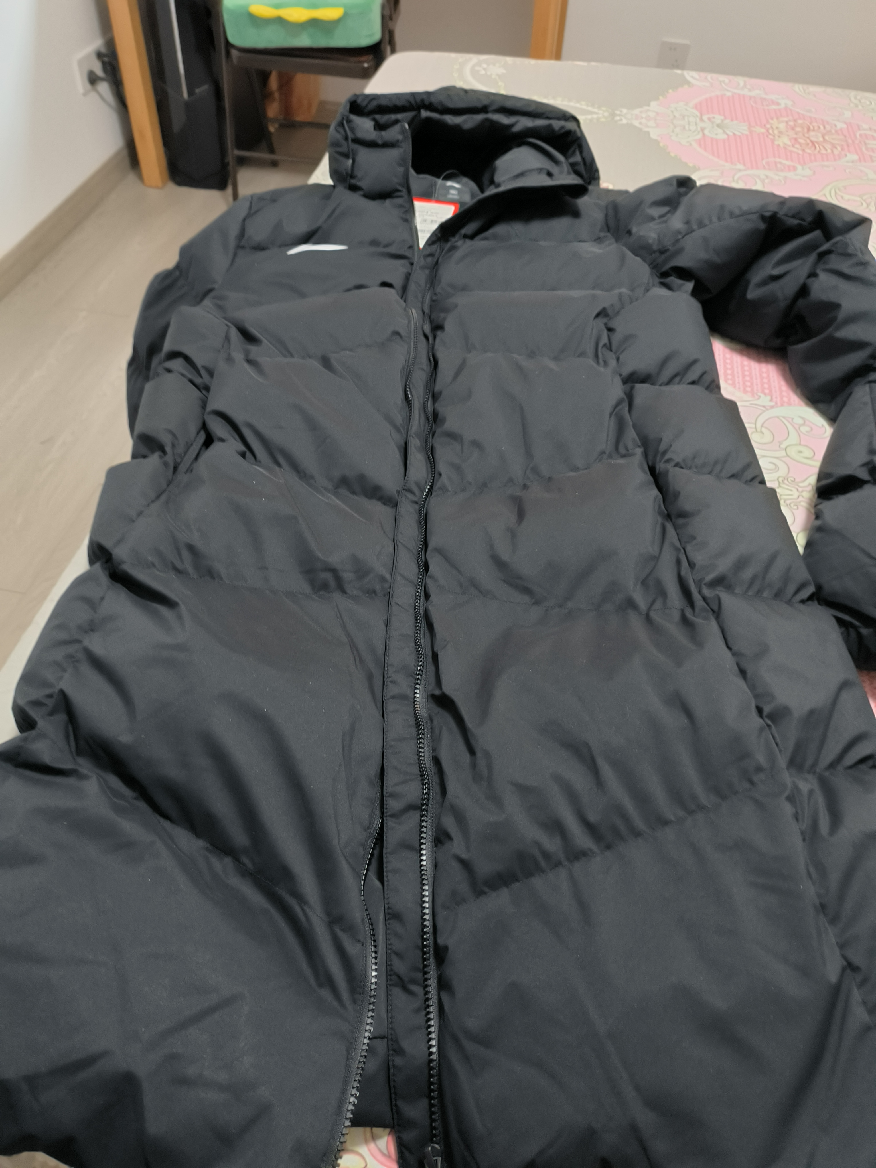 李宁（LI-NING）棉服男女中长款过膝棉服冬加厚防风保暖外套修身连帽棉大衣 黑色（加厚版-大LOGO款） 4XL (195) 实拍图