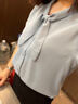 欧贝汐短袖雪纺衬衫女夏季上衣2025年新款蝴蝶结气质职业OL时尚洋气衬衣 蓝色 L 实拍图