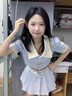 FSHE2025小个子穿搭一整套甜辣上衣炸街奶系小香风套装连衣裙女 套装 蓝杏纽扣上衣+蓝杏短裙+白腰带) L 105斤-120斤 实拍图