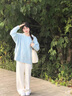 舒芳蝶（shufangdie）春装针织开衫两件套女高级感慵懒风盐系穿搭毛衣垂感阔腿裤套装潮 蓝色毛衣+杏色阔腿裤 M 实拍图