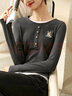 尚都比拉兔子刺绣假两件圆领长袖t恤女春秋外穿显瘦女装上衣 深灰色 S  实拍图