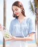百图betu女装夏季新款衬衫压褶法式复古v领短袖上衣女2404T48 蓝色 L 实拍图