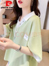 皮尔卡丹（pierre cardin）polo领拼接短袖t恤女夏季2025新款宽松韩版小个子洋气设计感上衣 9140浅绿色 M (适合80-110斤) 实拍图