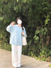 舒芳蝶（shufangdie）春装针织开衫两件套女高级感慵懒风盐系穿搭毛衣垂感阔腿裤套装潮 蓝色毛衣+杏色阔腿裤 M 实拍图