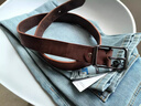 JEEP头层牛皮手工皮带真皮美式复古做旧简约针扣裤腰带男款配牛仔工装 黑扣咖 110cm 实拍图