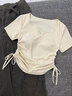 圣纺源纯色V领正肩短袖T恤2025年夏季新款抽绳修身短款设计感小众上衣女 杏白色 XL 110-120斤 实拍图