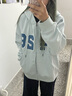 F426【赵露思许妍同款】国潮牌秋季宽松大logo格子贴布绣卫衣 薄荷蓝 S 实拍图