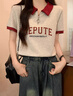 polo衫短袖t恤女2025新款夏季宽松港风设计感小众正肩翻领上衣服 酒红拼白灰色 L （105-120斤） 实拍图