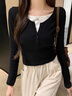 polo衫短袖t恤女2025新款夏季宽松港风设计感小众正肩翻领上衣服 藏青拼白灰色 L （105-120斤） 实拍图