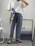 衣然呈品卷边牛仔裤男春秋新款美式阔腿宽松直筒高街潮牌休闲九分长裤子男 浅蓝色 L【建议110-125斤】 实拍图