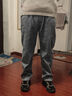 顶峰保罗（Dingfengbaoluo）美式牛仔裤男生冬季加绒直筒裤子宽松休闲阔腿长裤DFK24黑灰L 实拍图
