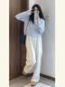 舒芳蝶（shufangdie）休闲裤女装春秋季2026新款奶蓝色内搭毛衣外套女高级感三件套装 外套+内搭+裤子 三件套 M 实拍图
