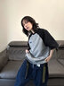 美式复古插肩撞色短袖t恤女夏季2025新款宽松设计感港风穿搭上衣 黑色拼灰色 L 实拍图