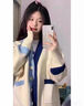 品彩（PinCai）针织开衫女时尚拼色v领毛衣开衫宽松撞色针织外套 PW28ZA3 实拍图