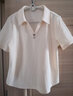 欧莎（OSA）纯色V形polo领t恤衫女士夏季衣服2025新款短袖高档显瘦减龄上衣 米白色 L 实拍图