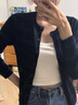 优衣库女装精纺美利奴羊毛罗纹圆领条纹针织短开衫481408 69 藏青色 S /155/80A 实拍图