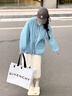 花田衣亩羽绒服女2024新款秋冬季圆领轻薄宽松中长款慵懒风外套90%白鸭绒 蓝色 90%鸭绒圆领 L#推荐体重（105-150斤） 实拍图