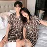 裴珂黛克（pinkdackeb）冰丝情侣睡衣女夏短袖时尚洋气韩版男士家居服薄款套装 卡其色 女L码(110-130斤) 实拍图