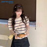 真维斯（JEANSWEST）针织衫女士夏季圆领条纹针织衫女设计感泡泡袖上衣短袖杏色均码 实拍图