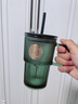 乐唯诗（LOVWISH）墨绿原色玻璃水杯带把咖啡杯饮料杯 墨绿印章杯【带盖吸管】 410ml 1只 实拍图