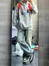 LEMANISM加绒卫衣男明星同款腊肠狗春秋长袖T恤连帽宽松情侣外套女 浅灰色 M 实拍图