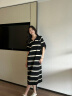 旅途原品（ltyp）真丝亚麻棉休闲V字翻领条纹针织连衣裙女直筒中长裙 杏黑色-经典条纹-真丝亚麻棉 XS -S/150-155cm（现货） 实拍图