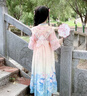 安妮优儿汉服女童秋款2025新款古风连衣裙小女孩唐装儿童超仙古装裙子春秋 粉红色 110 实拍图
