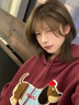 LEMANISM加绒卫衣男明星同款腊肠狗春秋长袖T恤连帽宽松情侣外套女 酒红色 L 实拍图