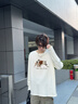 名创优品（MINISO）纯棉t恤男大码潮牌圆领长袖200斤胖子男装衣服休闲简约内搭打底衫 浅米色(不想上班) L 175(体重120-140斤左右) 实拍图