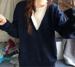 鲁雅尔假两件学院风毛衣女秋冬季新款上衣服韩版设计感宽松针织打底衫潮 藏青色常规 均码 【建议80斤到150斤】 实拍图