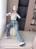 QGF松紧腰牛仔裤女春秋季新款美式复古直筒宽松显瘦高腰阔腿裤子女装 牛仔蓝 M 实拍图