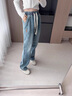 QGF松紧腰牛仔裤女春秋季新款美式复古直筒宽松显瘦高腰阔腿裤子女装 牛仔蓝 M 实拍图