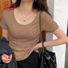 浪莎女士T恤女夏季薄款显瘦圆领螺纹纯色打底百搭透气女士休闲短袖 实拍图