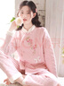 眠岛新中式秋冬季加厚保暖三层夹棉睡衣女长袖纯棉家居服套装 玫瑰粉 XL （160-172cm 145斤以内） 实拍图