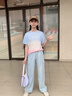 NICKYBABY女童夏季套装2025新款洋气儿童短袖网红炸街夏装女大童运动工装裤 18897粉蓝+15029粉色 150 cm 实拍图