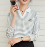 Halo Queen长袖T恤女春秋POLO领字母刺绣条纹上衣宽松休闲上衣新品H143T2012 实拍图