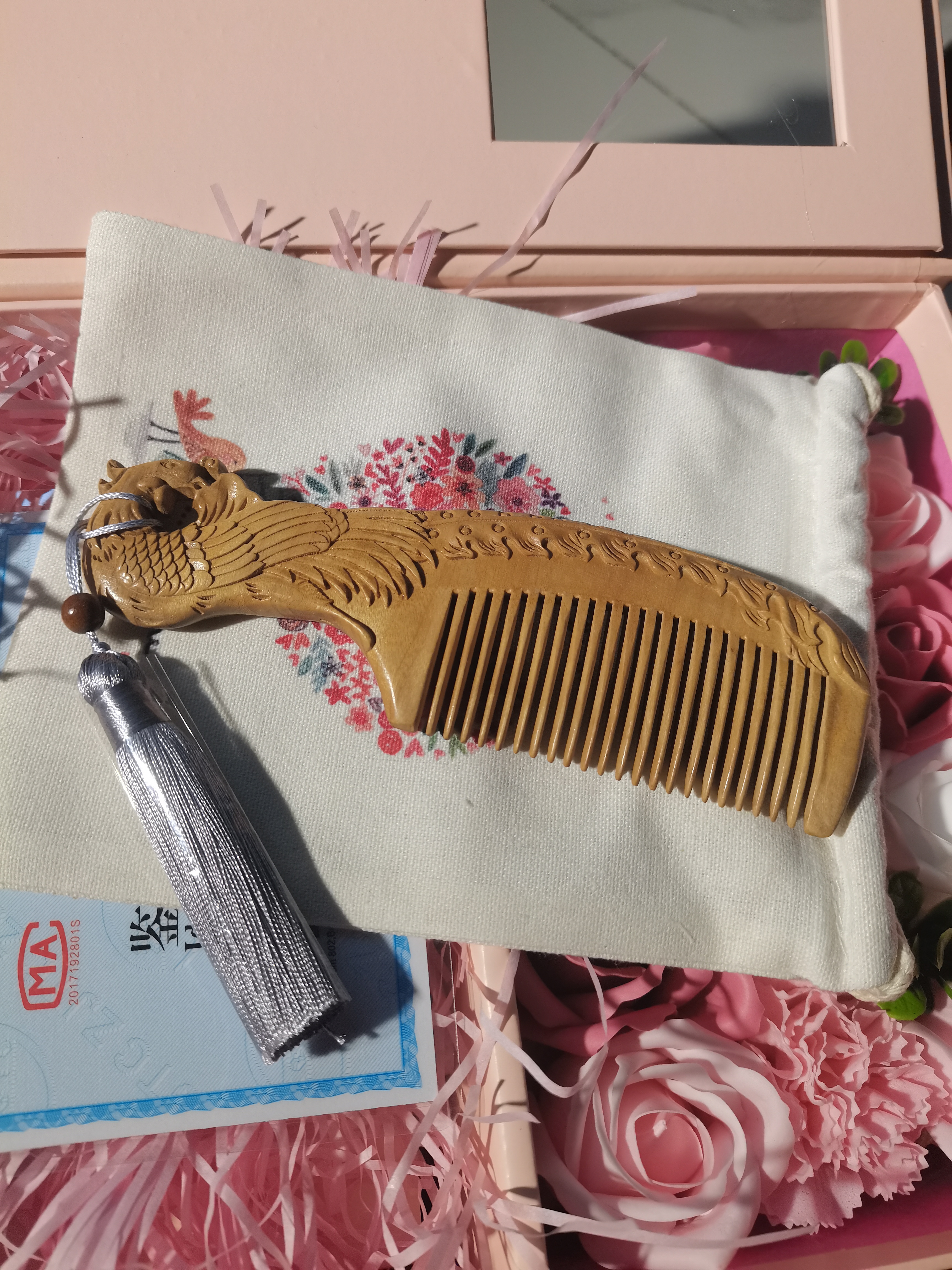 金丝楠木梅花梳子礼盒送老婆女朋友生日520七夕情人节礼物长发梳 金丝楠凤来仪梳+玫瑰礼盒+流苏 实拍图