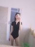 柯帛（KEBO） 韩版黑色泳衣女连体保守温泉短袖小胸遮肚显瘦游泳衣 黑色 M(建议80-95斤） 实拍图