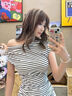 斤慕条纹斜肩短袖T恤女2025辣妹纯欲风修身露肩独特设计感上衣女 条纹M 实拍图