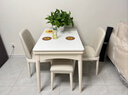 小厅宽居折叠餐桌小户型家用现代简约岩板实木长方形可伸缩多功能4人饭桌 【大款90*65】亮光白【糯白椅】 1桌2椅2凳 实拍图